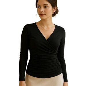 Black Wrap Top Size Large Long Sleeve V Neck Side Pleats Lightweight Sweater